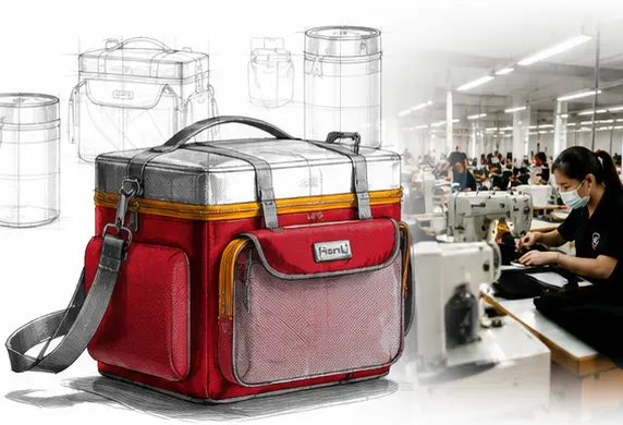 Premium cooler bag shown from design sketch through factory production